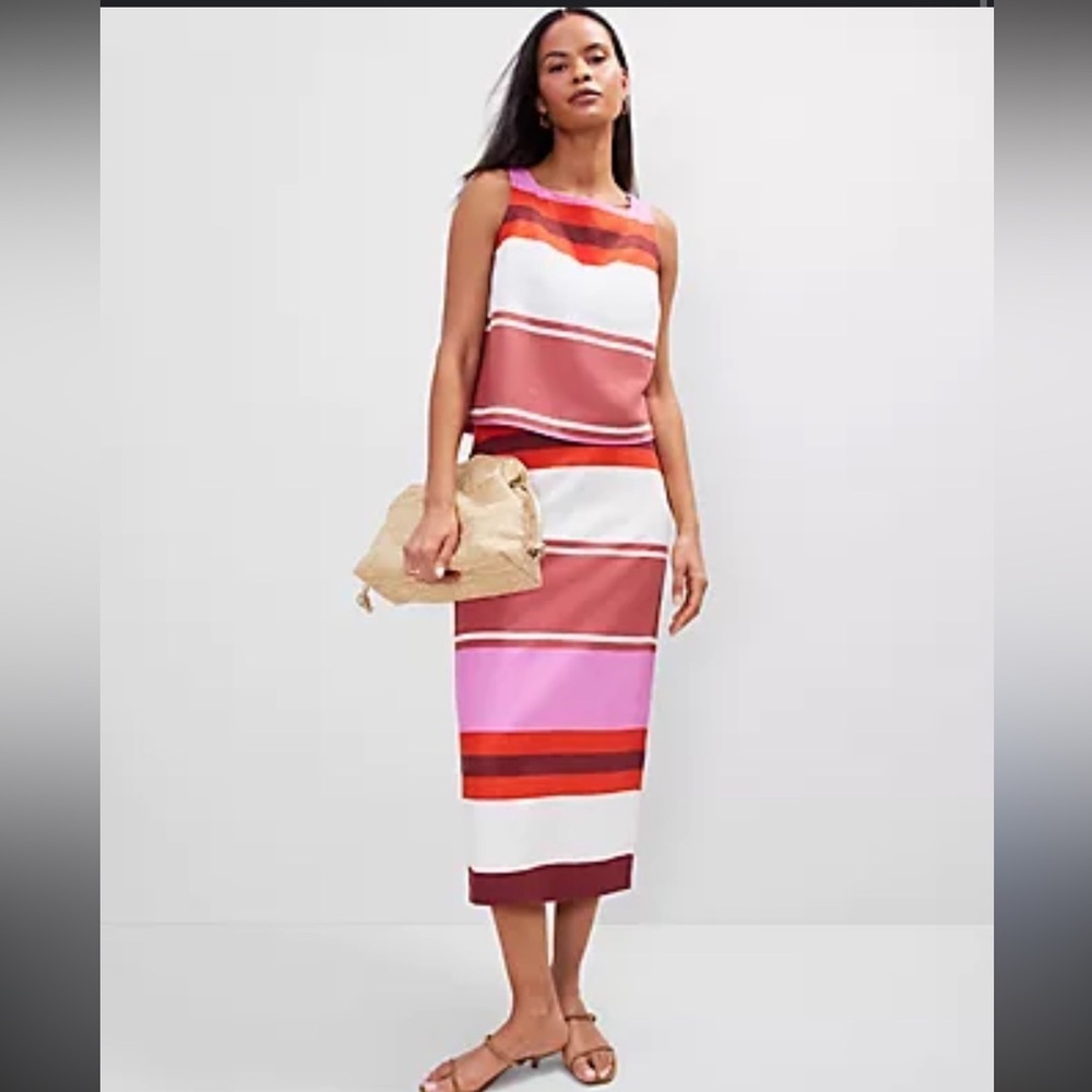 Ann Taylor pink stripe midi skirt tank set small s 0
